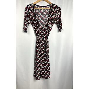 USA Made Gilli Womens Faux Wrap Red Navy Jersey Knit 3/4 Sleeve Dress M